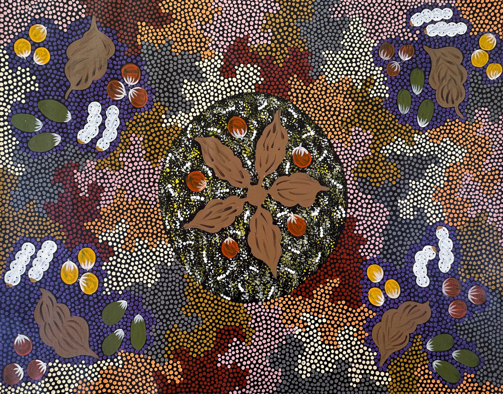 Patsy Ross + Ti Tree + Indigenous Art + Aboriginal Art + Australian Art + Bush Tucker + Dreaming + Witchetty Grub + Bush Berries + Bush Banana + Bush Tomato + Darwin Based Gallery + Dot Art Painting + Dot Painting + 