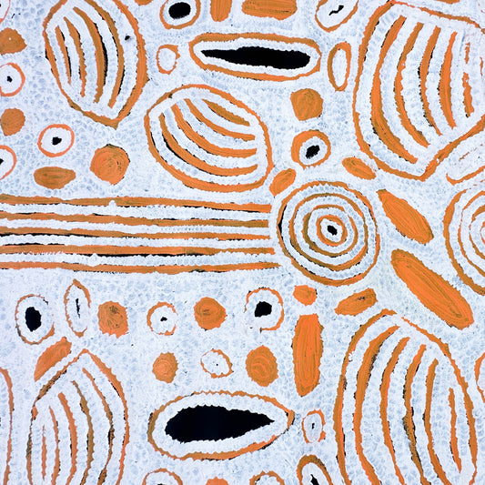 Roma Gibson Nungarrayi + Aboriginal art + Australian Art + Indigenous art + traditional art + iconography + symbolism + art story + knowledge passed down + aerial depiction + country + dreaming + home + art for sale + painting + painting for sale + artwork + darwin based gallery + art gallery + family owned business + decor + interior + interior design + wall art + kintore 