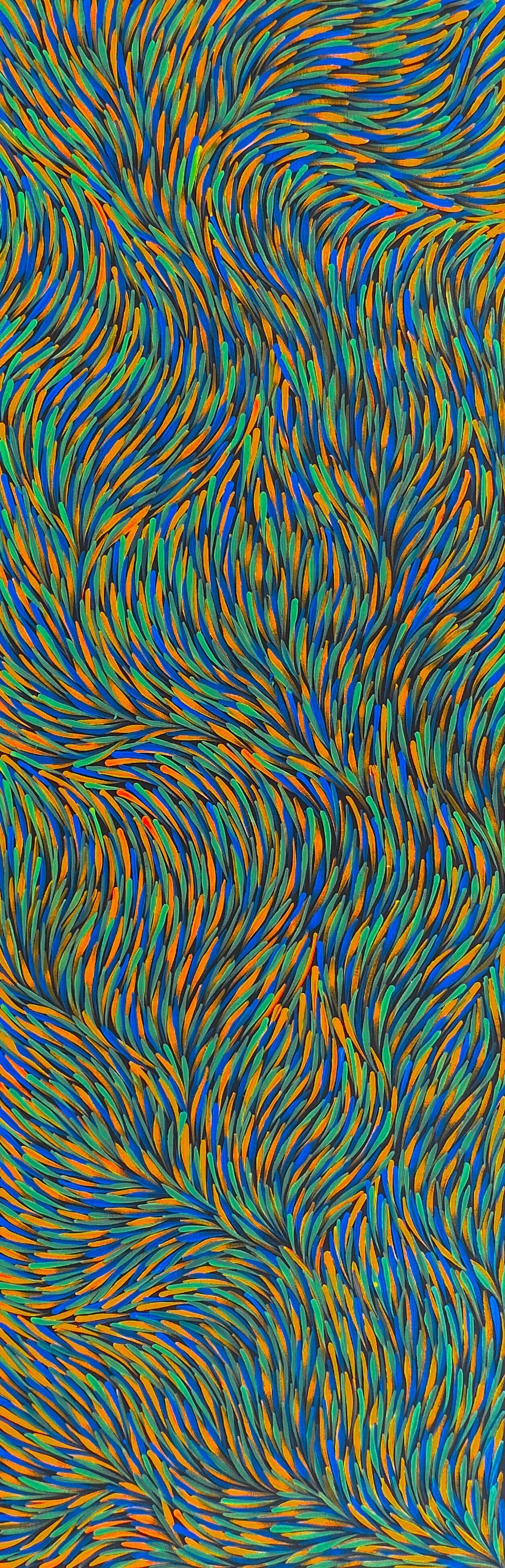 Rosemary Pitjara Petyarre + Bush Medicine Leaves + Indigneous art + Aboriginal art + Australian art + orannge + blue + teal + leaves + darwin based gallery + art for sale + artwork for sale + painting for sale + utopia
