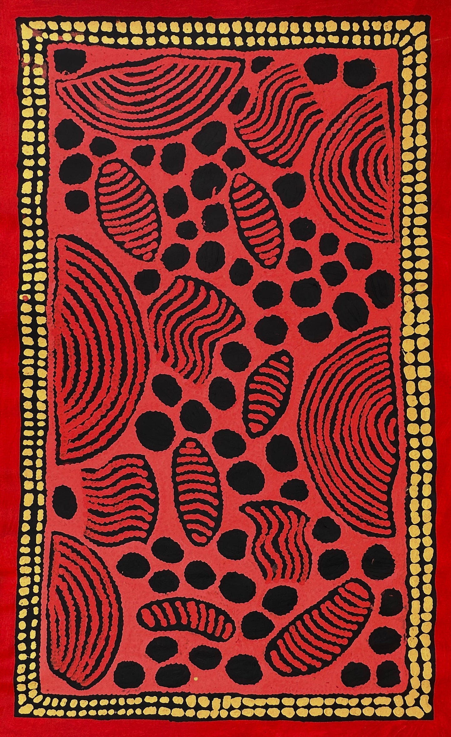 Susan Gibson Napaltjarri + Kintore + western desert + women's ceremony + iconography + symbolism + red + yellow + Black + women's dreaming + Darwin Based Gallery + indigenous art + aboriginal art + australian art + family based business + art story + aboriginal culture + Altyerre Aboriginal art + art for sale + painting for sale