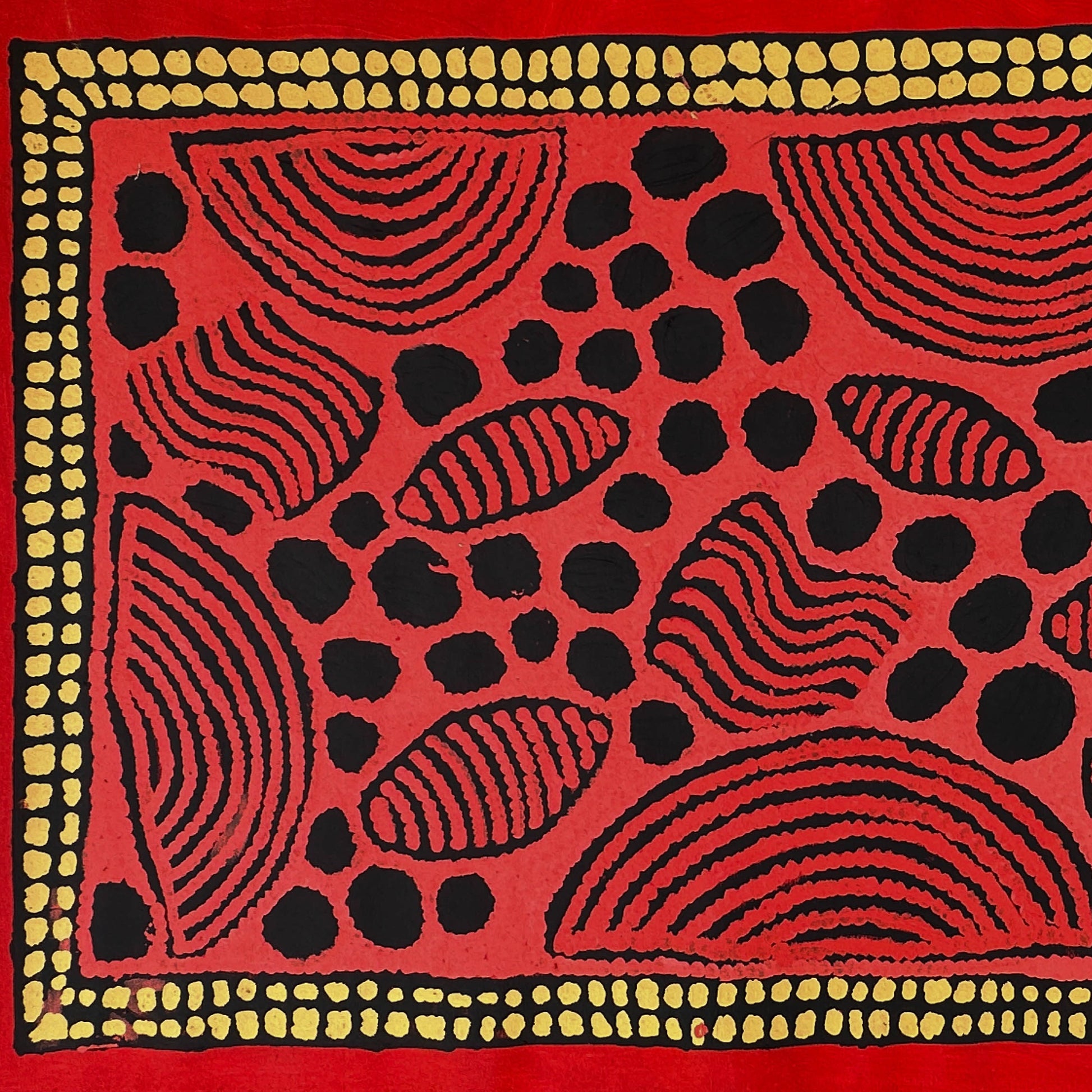 Susan Gibson Napaltjarri + Kintore + western desert + women's ceremony + iconography + symbolism + red + yellow + Black + women's dreaming + Darwin Based Gallery + indigenous art + aboriginal art + australian art + family based business + art story + aboriginal culture + Altyerre Aboriginal art + art for sale + painting for sale 