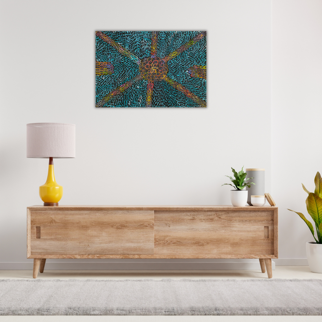 
Patricia Kamara Rambler, Utopia, Northern Territory, Bush Seeds, Dot art painting, art, art for sale, painting, painting for sale, indigenous art, aboriginal art, Australian art, altyerre aboriginal art, ethical art, original art, direct from the artist, dreaming, interior design, décor, interior decorating, art gallery, wall art, alice springs, art collector, utopian art, blue, orange, red, yellow, green, purple, white, early work, darwin gallery, 