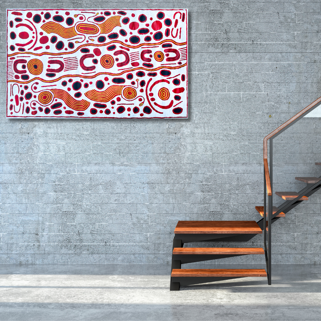 Jennifer Nginana Mitchell, Jennifer Nginyaka Mitchell, western desert art, aboriginal art, indigenous art, art, art for sale, painting for sale, interior design, interior décor, art gallery, art story, iconography, topography, constellation, Pleiades, orion, Darwin, Darwin gallery, Darwin northern territory, art work, wall art, symbolism, altyerre aboriginal art, original art, ethical art, direct from the artist, aerial perspective, Australian art, Dreamtime Woman