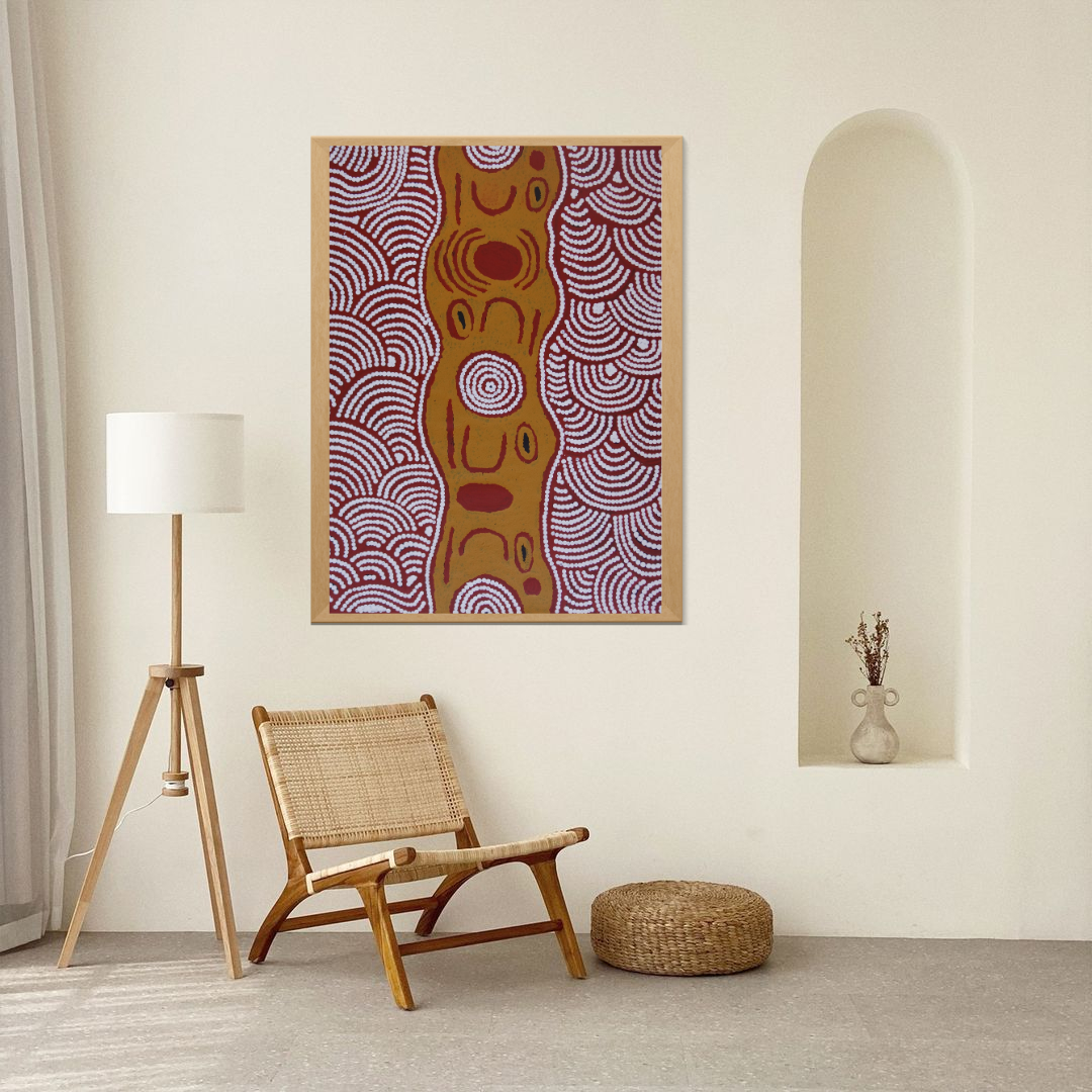 Jennifer Nginana Mitchell, Jennifer Nginyaka Mitchell, western desert art, aboriginal art, indigenous art, art, art for sale, painting for sale, interior design, interior décor, art gallery, art story, iconography, topography, constellation, Pleiades, orion, Darwin, Darwin gallery, Darwin northern territory, art work, wall art, symbolism, altyerre aboriginal art, original art, ethical art, direct from the artist, aerial perspective, Australian art, Ochre colours, painting 