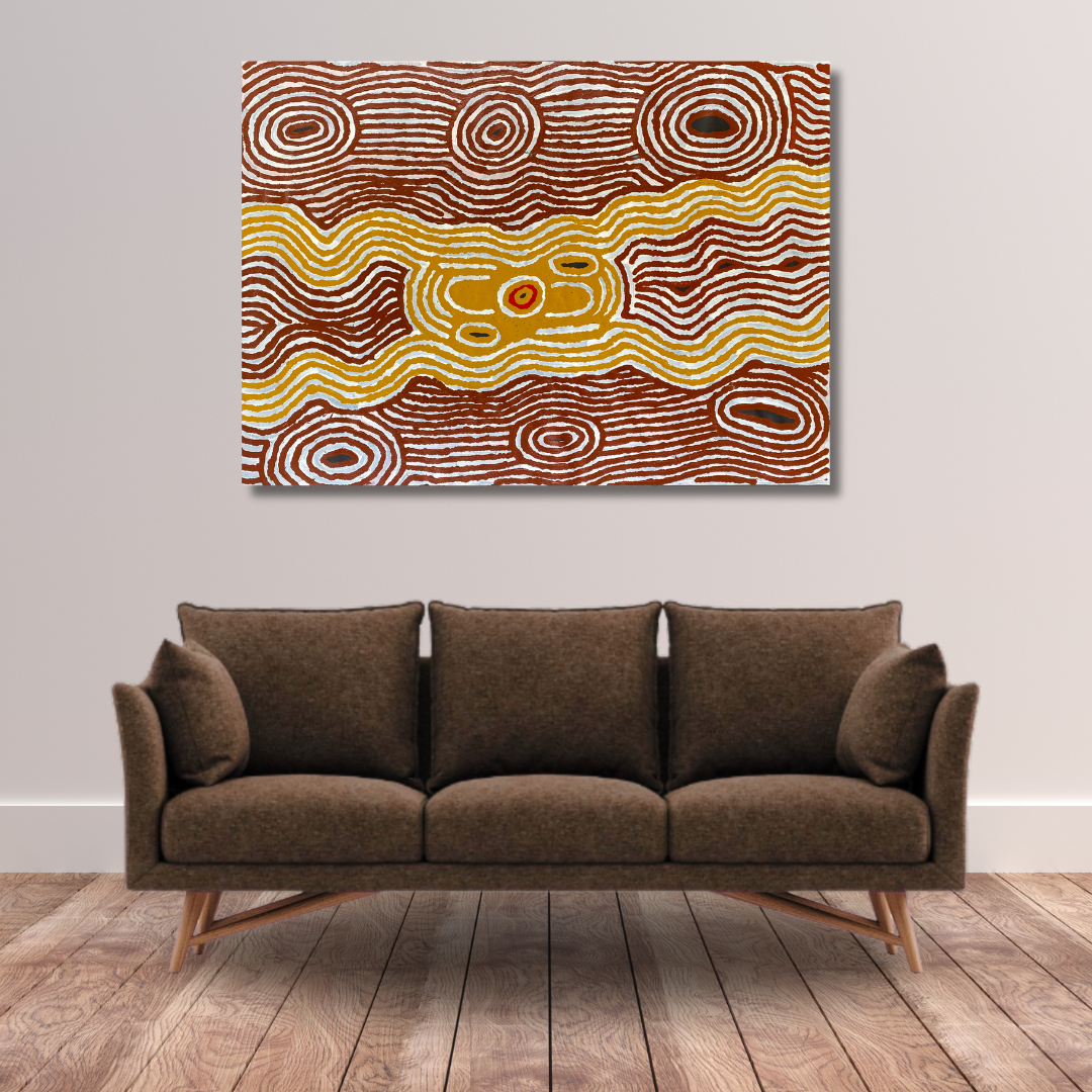 Jennifer Nginana Mitchell, Jennifer Nginyaka Mitchell, western desert art, aboriginal art, indigenous art, art, art for sale, painting for sale, interior design, interior décor, art gallery, art story, iconography, topography, constellation, Pleiades, orion, Darwin, Darwin gallery, Darwin northern territory, art work, wall art, symbolism, altyerre aboriginal art, original art, ethical art, direct from the artist, aerial perspective, Australian art, Ochre colours, painting 