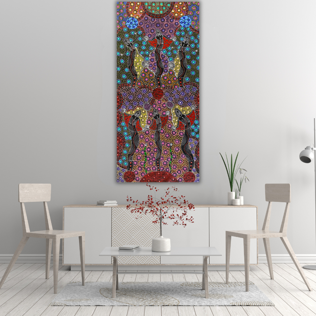 
Colleen Wallace, Colleen nungarrayi, colleen nungari, traditional art, contemporary art, altyere aboriginal art, aboriginal art, indigenous art, Australian art, dot painting, dot art work, art, artwork, art for sale, Ltyentye Apurte, painting, painting for sale, wall art, art gallery, Darwin gallery, northern territory, santa Teresa, décor, interior décor, interior design, dot painting, office décor, dot art, art collector, famous artist, dreamings, colour, colourful, intricate, Dream time sisters,
