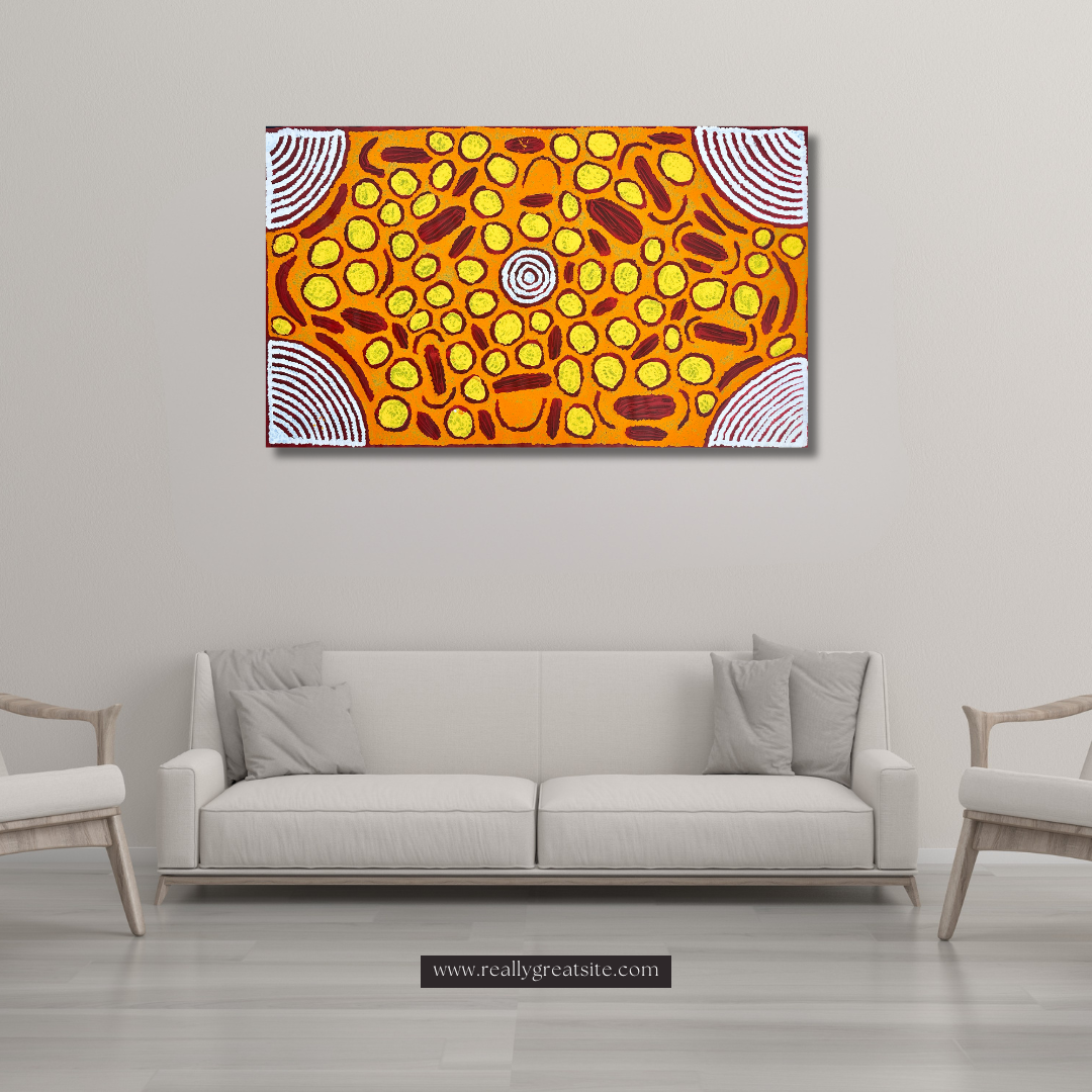 Barbara Napangarti Reid, Gibson Desert, Western Australia, Indigneous art, Aboriginal art, Australian Art, Indigenous art for sale, Aboriginal art for sale, womens ceremony, bush apple, bush tucker, Darwin gallery, altyerre aboriginal art, interior design, Interior décor, family business, outback Australian art, Ngaanyatjarra, Iconography, Symbolism, dreaming 