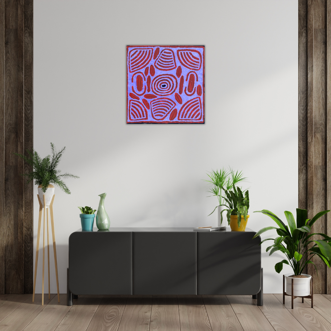 Barbara Napangarti Reid, Gibson Desert, Western Australia, Indigneous art, Aboriginal art, Australian Art, Indigenous art for sale, Aboriginal art for sale, womens ceremony, bush apple, bush tucker, Darwin gallery, altyerre aboriginal art, interior design, Interior décor, family business, outback Australian art, Ngaanyatjarra, Iconography, Symbolism, dreaming 