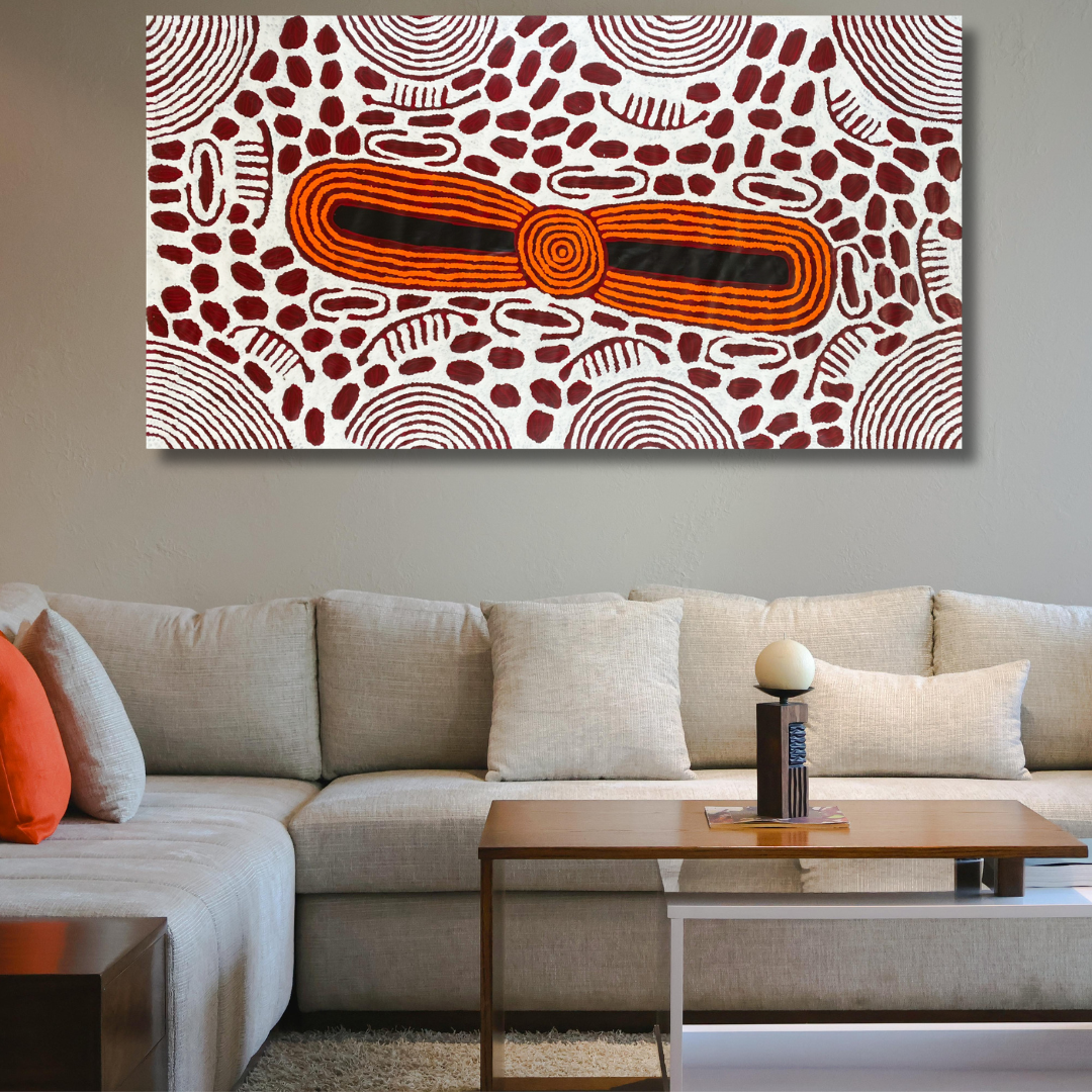Barbara Napangarti Reid, Gibson Desert, Western Australia, Indigneous art, Aboriginal art, Australian Art, Indigenous art for sale, Aboriginal art for sale, womens ceremony, bush apple, bush tucker, Darwin gallery, altyerre aboriginal art, interior design, Interior décor, family business, outback Australian art, Ngaanyatjarra, Iconography, Symbolism, dreaming 