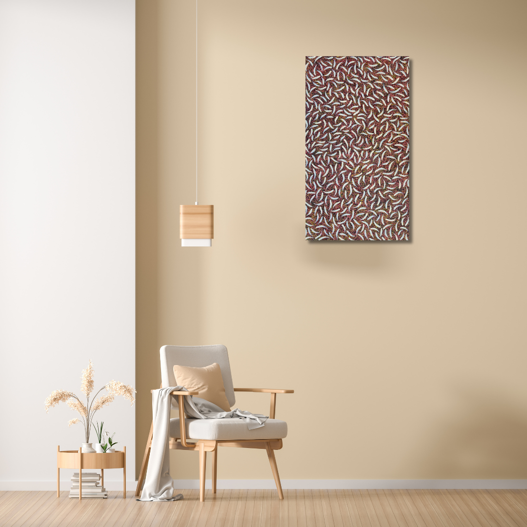 Polly Nelson Nangla, Polly Ngale, Polly Ngal, Utopia artist, Indigenous art, Aboriginal Art, Australian Art, Bush Plum dreaming, dot painting, dot art, art for sale, painting for sale, indigenous art for sale, aboriginal art for sale, altyerre aboriginal art, art décor, interior décor, interior design, colourful, home décor, office décor, art collector, Darwin gallery, art gallery, northern territory, family business, bush tucker, bush food, interior designer, wall art, bush plum dreaming