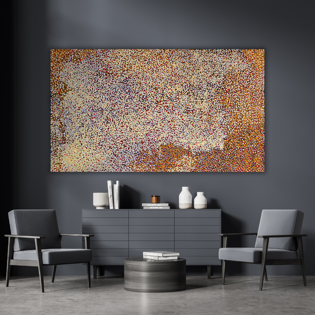 Polly Nelson Nangla, Polly Ngale, Polly Ngal, Utopia artist, Indigenous art, Aboriginal Art, Australian Art, Bush Plum dreaming, dot painting, dot art, art for sale, painting for sale, indigenous art for sale, aboriginal art for sale, altyerre aboriginal art, art décor, interior décor, interior design, colourful, home décor, office décor, art collector, Darwin gallery, art gallery, northern territory, family business, bush tucker, bush food, interior designer, wall art, bush plum dreaming