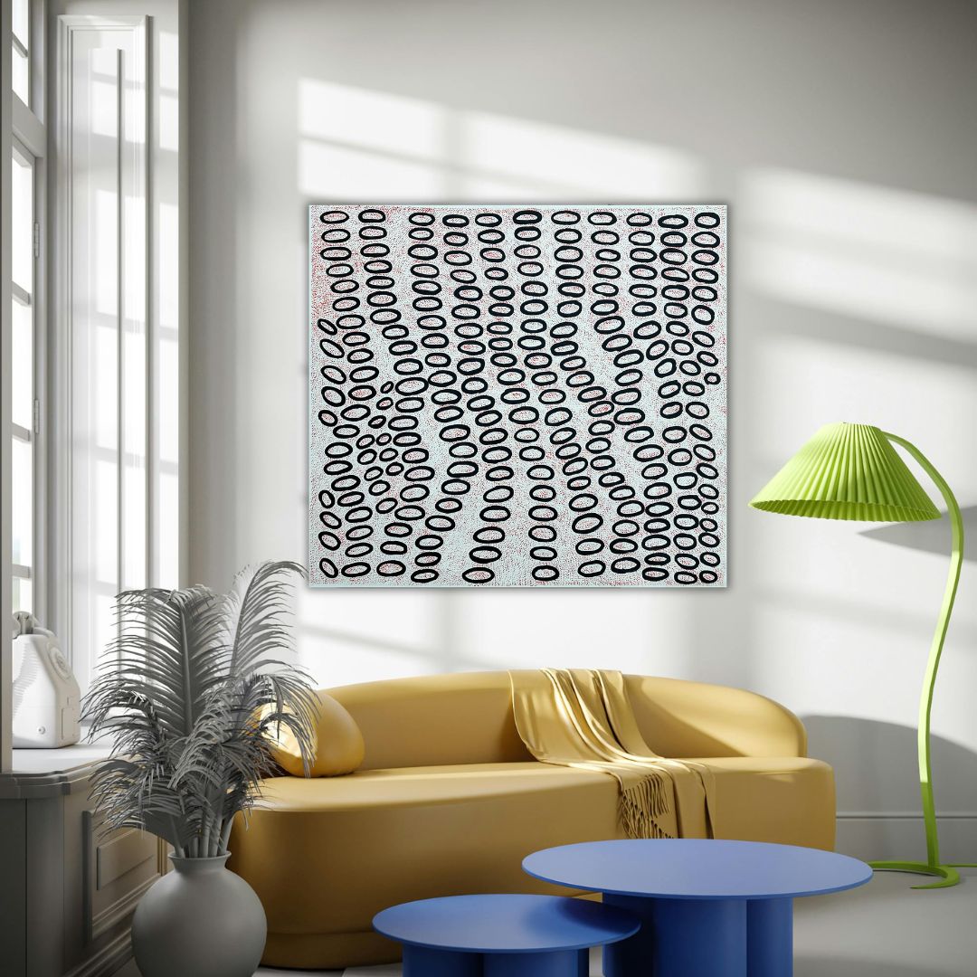 Ngoia pollard napaltjarri, indigenous art, aboriginal art, Australian art, altyerre aboriginal art, art for sale, painting, painting for sale, swamps, swamps at nyrripi, haasts bluff, Walpiri, art gallery, contemporary art, Darwin gallery, family owned business, aboriginal culture, native Australian, artist, white, black, red, dot painting, dot art, art collector, original art, ethical art, direct from the artis, dreaming, dreamtime, story telling, indigenous culture, indigenous australia, first nations
