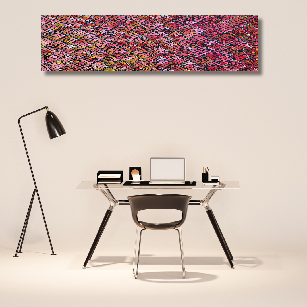 Margaret Turner Petyarre, Aboriginal art, Indigenous Art, Australian Art, Lake Nash, Northern Territory, Aboriginal Artist, art, art for sale , painting for sale, bush medicine, Darwin gallery, Altyerre Aboriginal Art, Original Art, Direct from the artist, ethical art, family business, interior decor, art gallery, wall art, bush medicine leaves, art décor, interior designer, beautiful art, colourful art, Interior design, Amatyerre, Outback Australia, Art collector, Office art, office artwork, Interior decor
