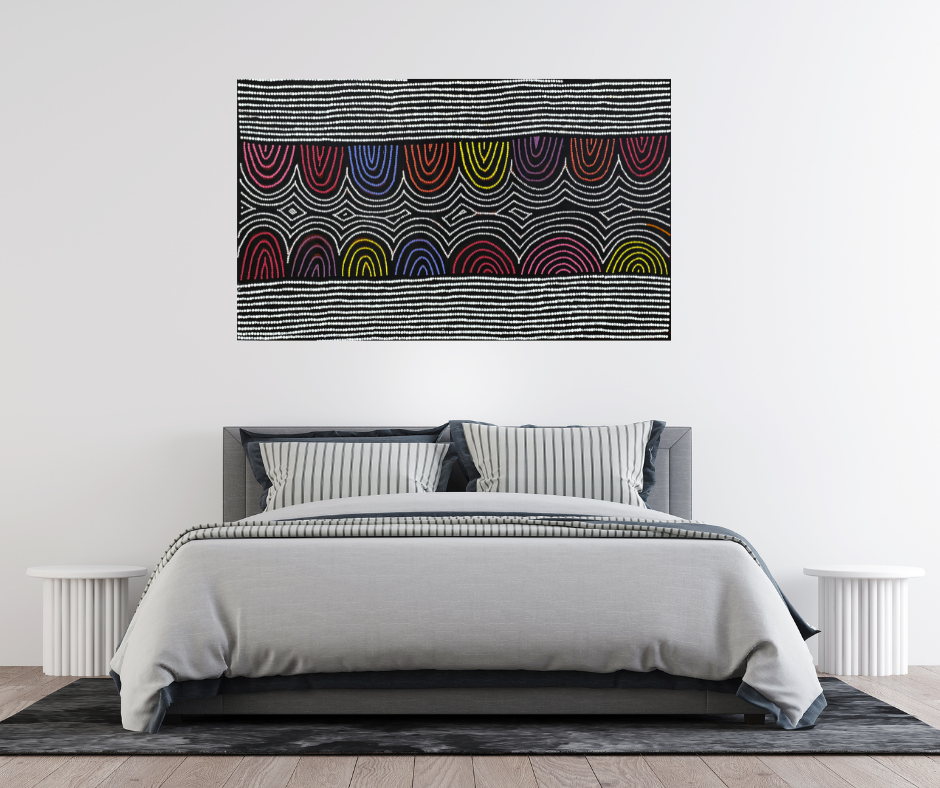 Vicky Jackson + Papunya + Dot art work + Dot painting + Painting for sale + art for sale + blue + yellow + orange + indigenous art + aboriginal art + australian art + darwin based gallery + family business + altyerre + altyerre aboriginal art