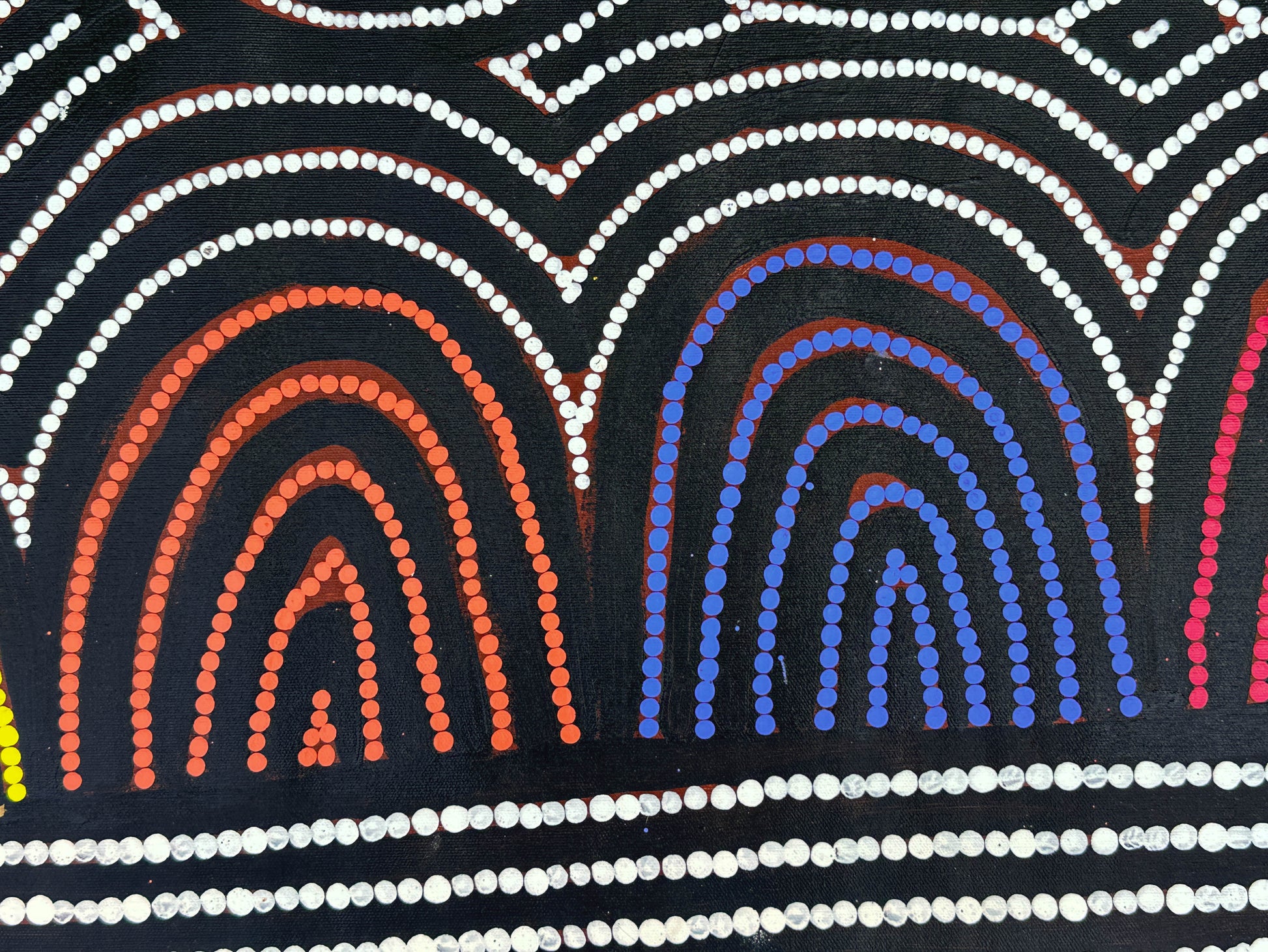 Vicky Jackson + Papunya + Dot art work + Dot painting + Painting for sale + art for sale + blue + yellow + orange + indigenous art + aboriginal art + australian art + darwin based gallery + family business + altyerre + altyerre aboriginal art