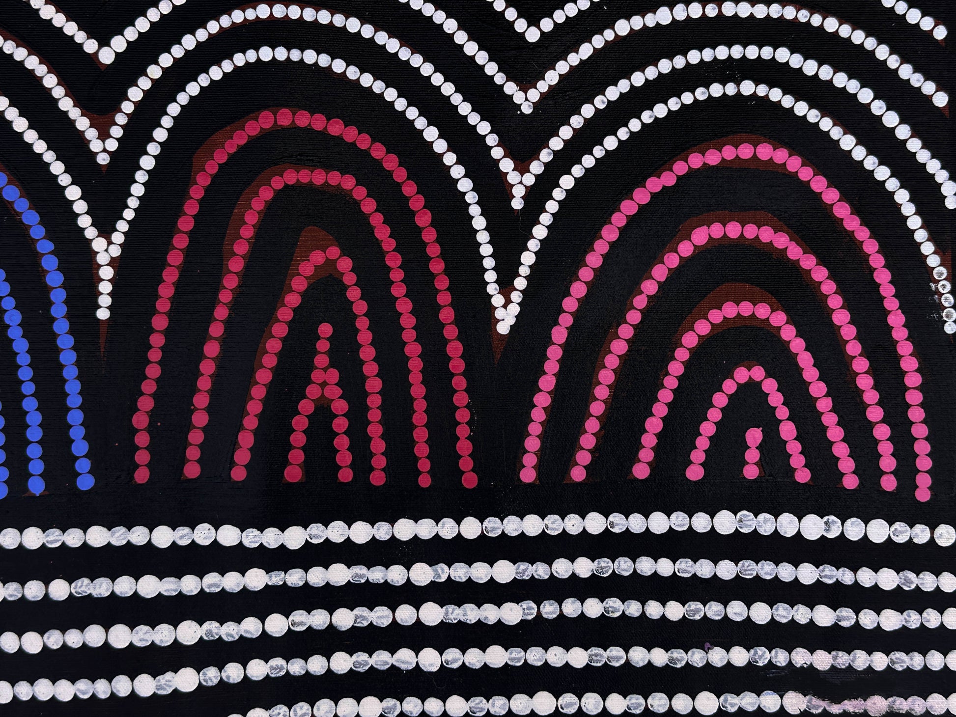 Vicky Jackson + Papunya + Dot art work + Dot painting + Painting for sale + art for sale + blue + yellow + orange + indigenous art + aboriginal art + australian art + darwin based gallery + family business + altyerre + altyerre aboriginal art