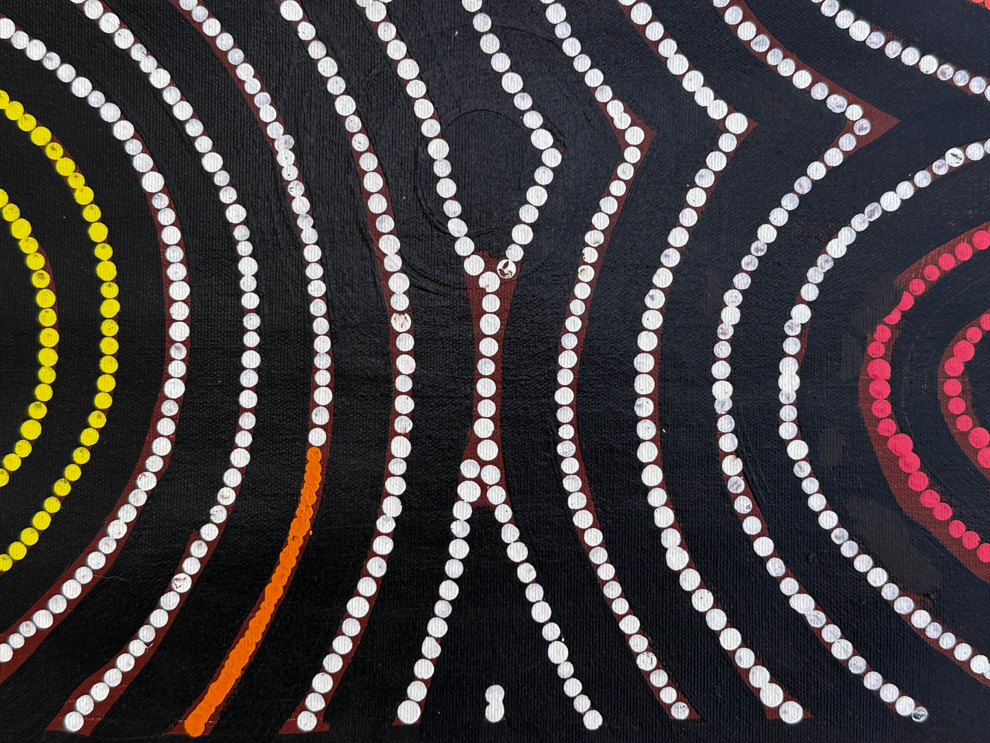 Vicky Jackson + Papunya + Dot art work + Dot painting + Painting for sale + art for sale + blue + yellow + orange + indigenous art + aboriginal art + australian art + darwin based gallery + family business + altyerre + altyerre aboriginal art