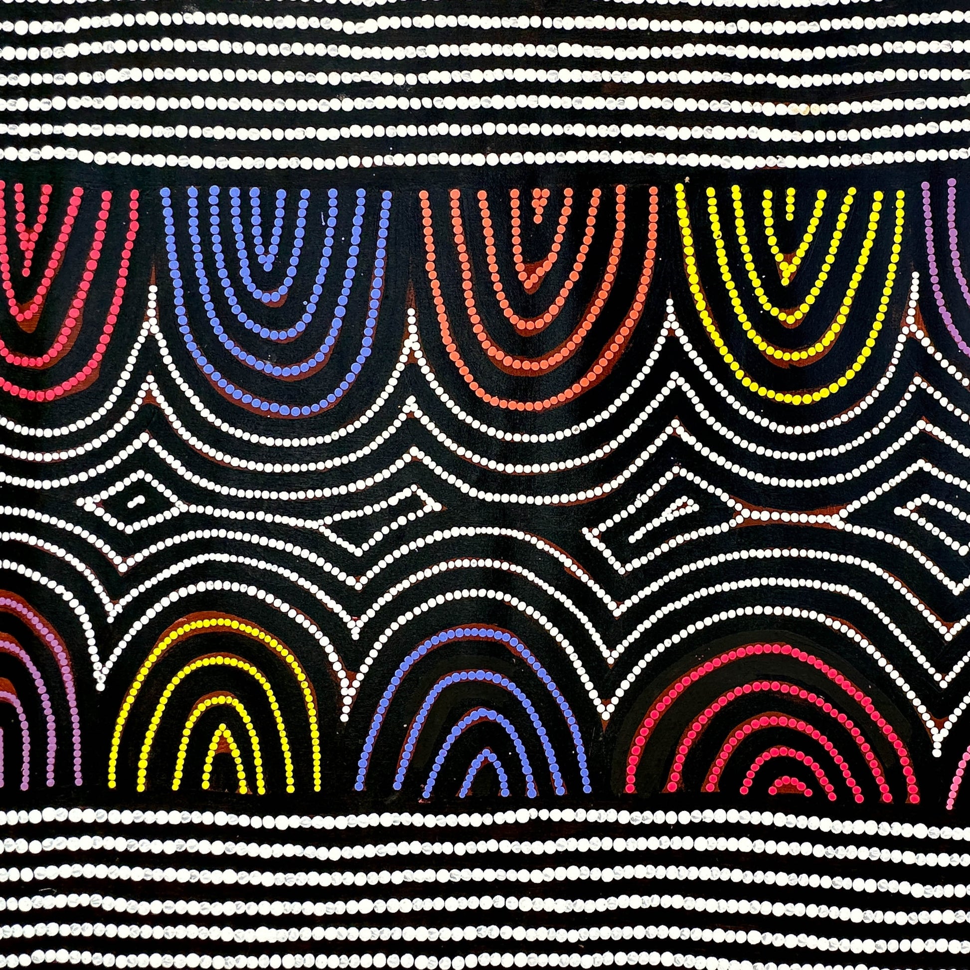 Vicky Jackson + Papunya + Dot art work + Dot painting + Painting for sale + art for sale + blue + yellow + orange + indigenous art + aboriginal art + australian art + darwin based gallery + family business + altyerre + altyerre aboriginal art 