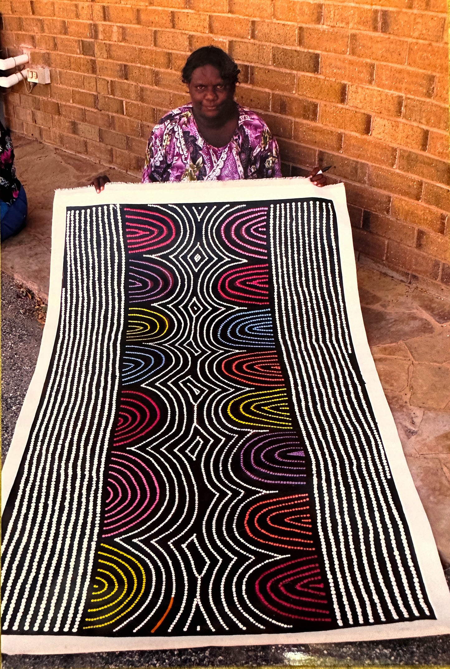 Vicky Jackson + Papunya + Dot art work + Dot painting + Painting for sale + art for sale + blue + yellow + orange + indigenous art + aboriginal art + australian art + darwin based gallery + family business + altyerre + altyerre aboriginal art