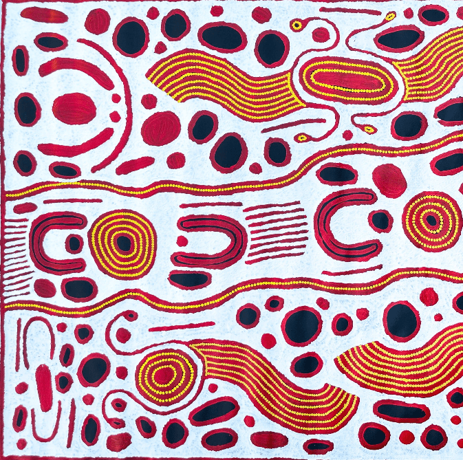 Jennifer Nginana Mitchell Western Desert Aboriginal Art Indigenous Art Australian Art Iconography Symbolism Dreamtime Woman Creation Story Travel Journey female artist Painting Art Altyerre Aboriginal Art Gallery