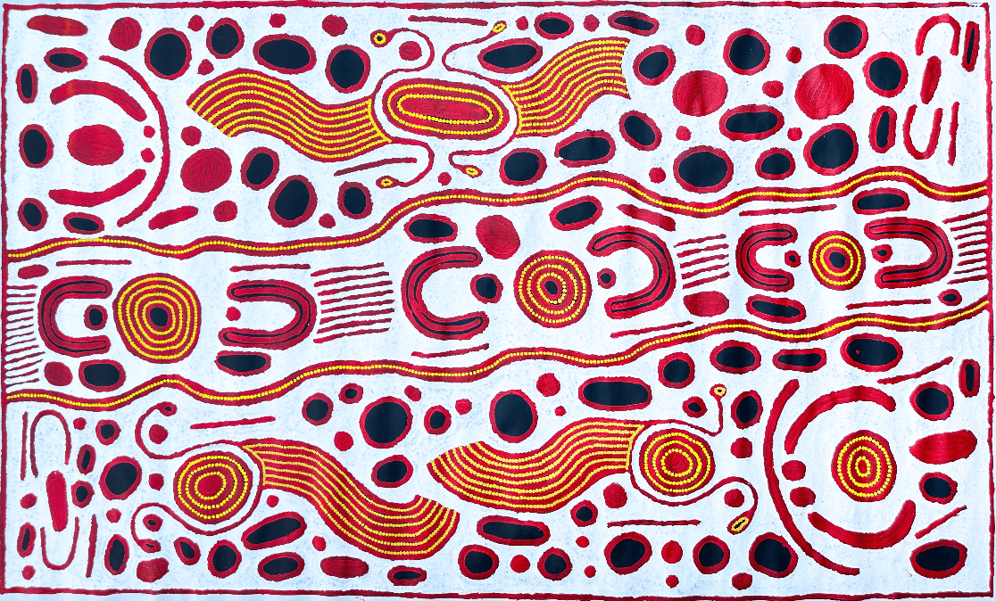 Jennifer Nginana Mitchell Western Desert Aboriginal Art Indigenous Art Australian Art Iconography Symbolism Dreamtime Woman Creation Story Travel Journey female artist Painting Art Altyerre Aboriginal Art Gallery