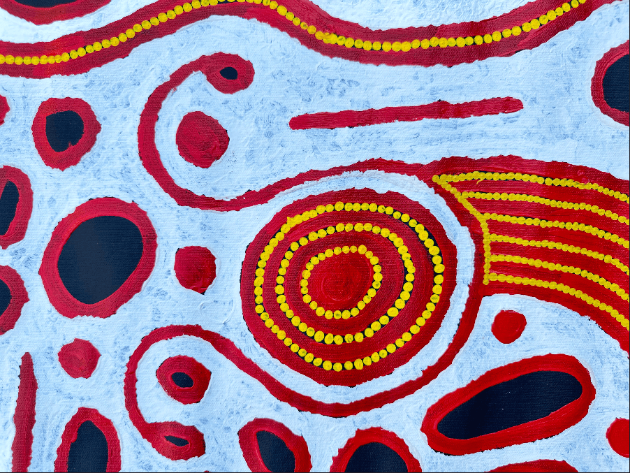 Jennifer Nginana Mitchell Western Desert Aboriginal Art Indigenous Art Australian Art Iconography Symbolism Dreamtime Woman Creation Story Travel Journey female artist Painting Art Altyerre Aboriginal Art Gallery