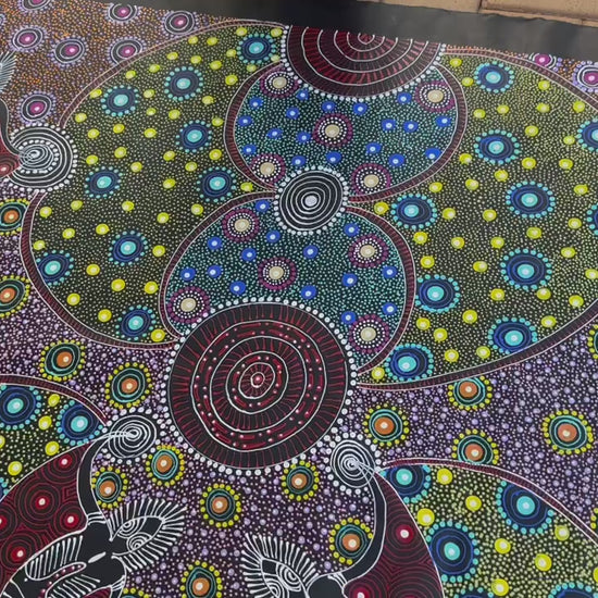 Colleen Wallace Nungarrayi Nungari Santa TeresaLtyentye Apurte Dreamtime Sisters Dreaming Dot Art Colourful Intricate Art Stunning Beautiful precise red yellow blue purple pink Spirits Aboriginal Art Indigenous Art Australian Art