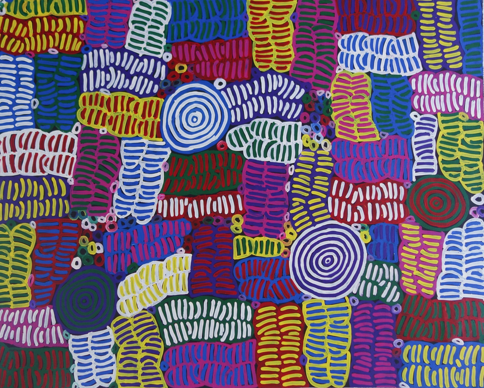 Betty Mbitjana + Betty Club + Utopia + Indigenous Art + Aboriginal Art + Australian Art + Art for Sale + Painting for Sale + Darwin Based Gallery + Contemporary Design + minnie pwerle + daughter ++ Colourful + Awelye + Women's Ceremony + Body Paint + Traditional Art + Betty Club Mbitjana 