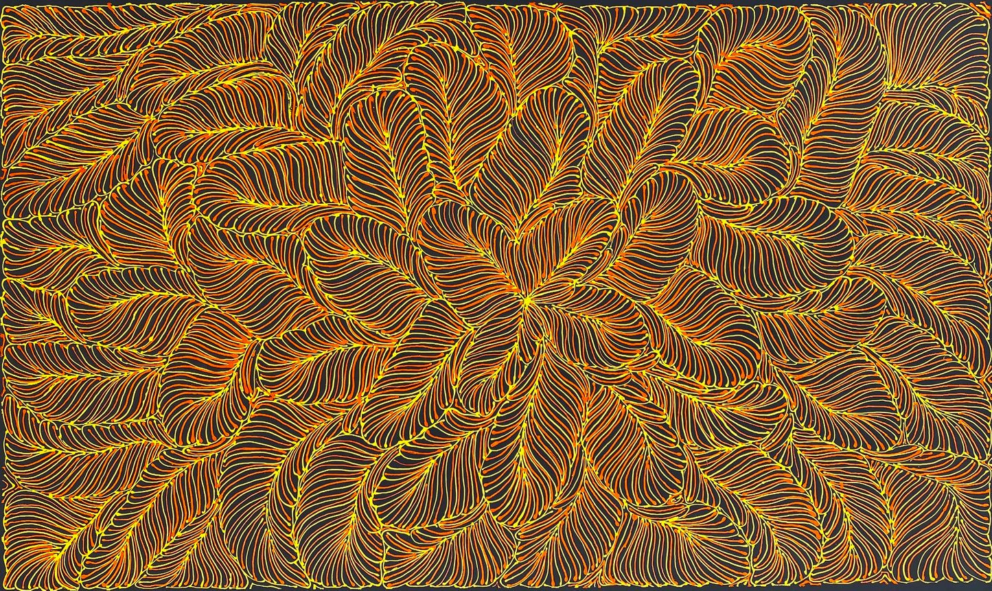 Rosemary Pitjara Petyarre Bush Yam Leaves Indigneous Art Australian Art Aboriginal Art Leaves Utopia Yellow Orange