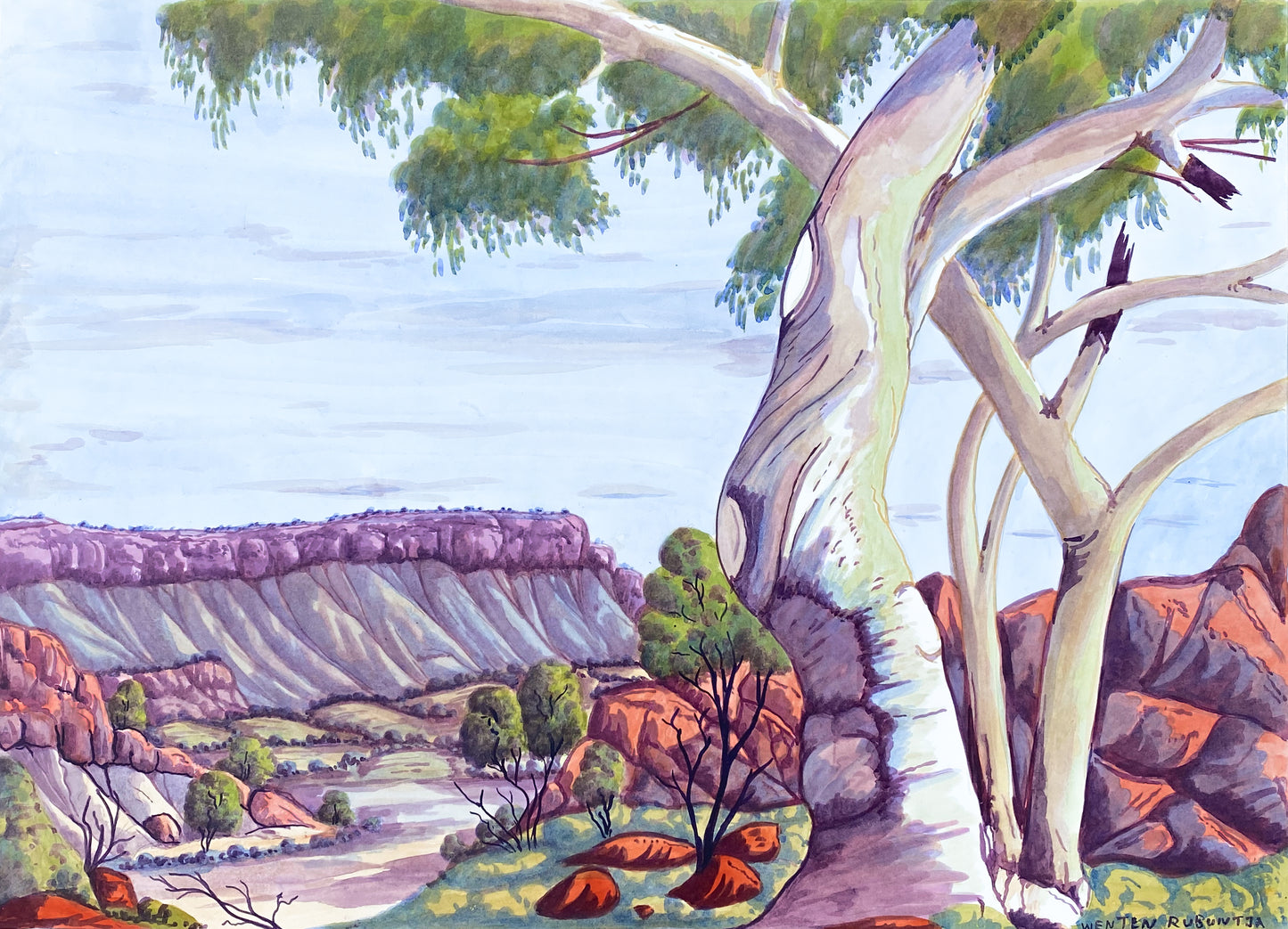 Wenten Rubuntja Central Australian Landscape Water Colour on board Indigenous Art Aborigina Art Australian Art Hermannsburg Central Australian Landscape 